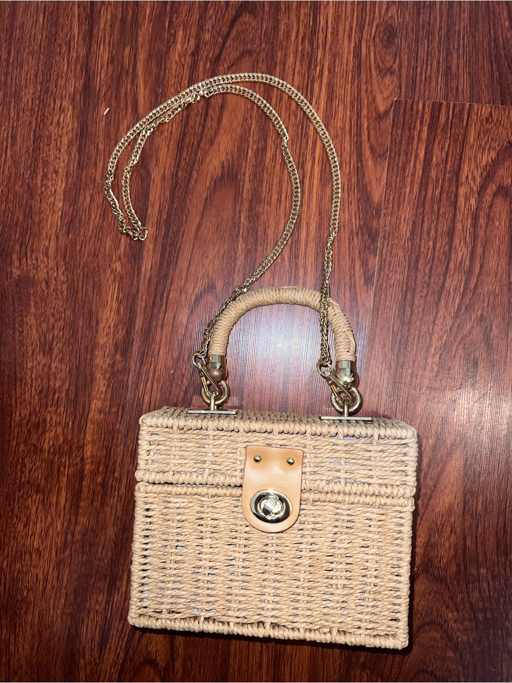 Handwoven Mini Box Bag in Natural Tan with Gold Hardware - Picture 4 of 5